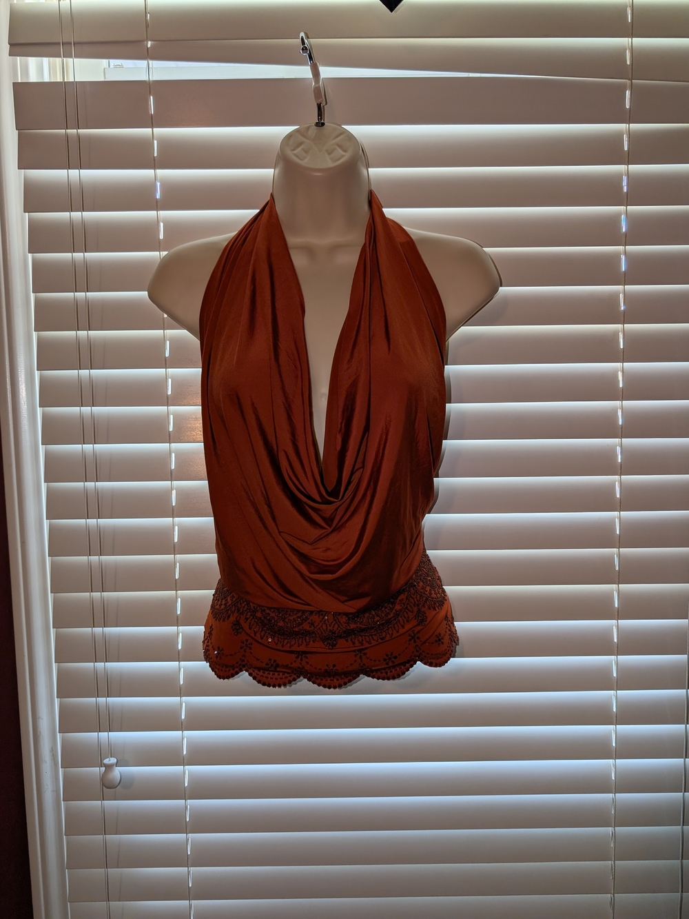 Xhilaration Rust Halter Cowl Neck Top with Scalloped Embroidered Hem